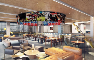 Modern sports lounge with seating and decor.